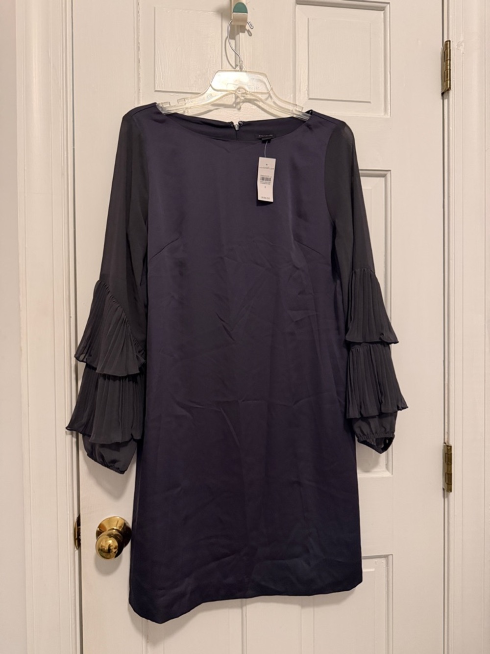 Ann Taylor Navy Long-Sleeve Shift Dress with Tiered Pleated Sleeves